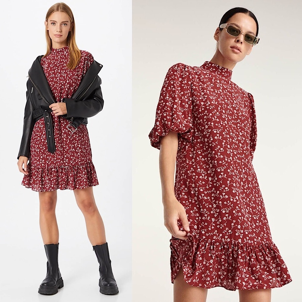 NWT THE KOOPLES Silk‎ Floral Puff Short Sleeve Mockneck Ruffle Hem Mini Dress S
